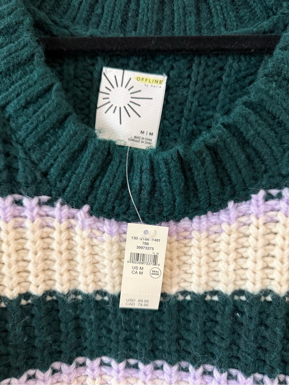 Aerie Bundle Up Pull Over Sweater Oversized Chunky Knit Medium NWT Green Striped - Picture 4 of 6